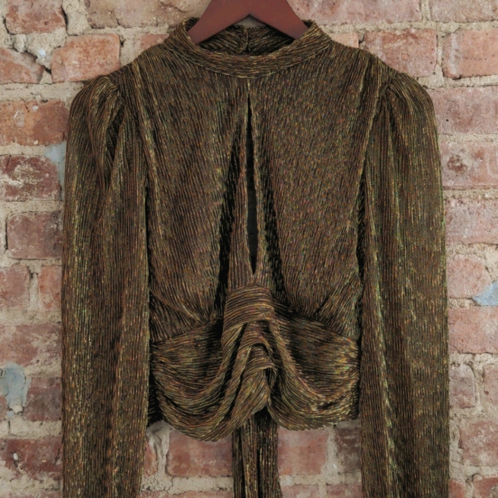 Gold keyhole front, open back blouse